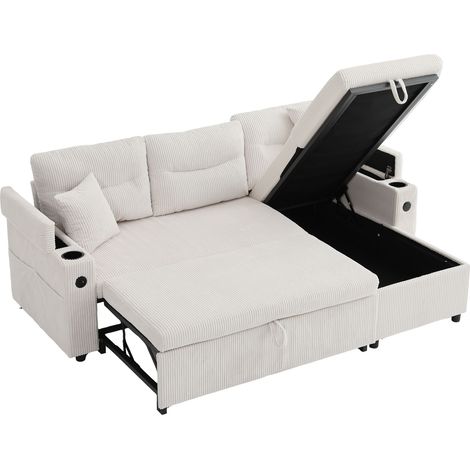 ELVMI Divano Angolare Trasformabile 3 Posti con Chaise Longue, Contenitore, USB Tipo C, Velluto a Coste Beige (1/5)