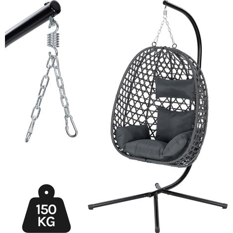 WOLTU Mecedora colgante de ratán sintético, diseño Ovetto, para interior, exterior, jardín y terraza. Independiente, con estructura de metal y cojines extraíbles. Capacidad de carga: 150 kg. gris.