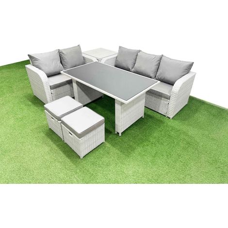 Fimous Garden Furniture Set PE Ratten Garden Sofa Set with Rectangular Dining Table 2 Small Stools Side Table Light Grey (1/4)
