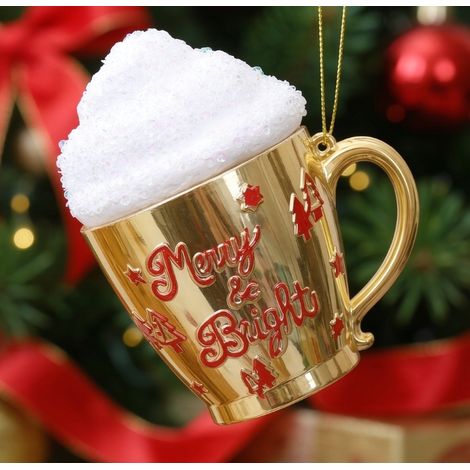 Ornement de sapin de Noël forme mug doré 12 cm, décoration suspendue inscription Merry & Bright (1/3)