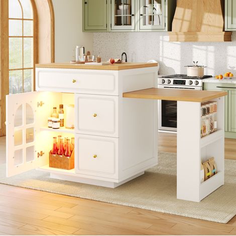 Îlot de cuisine extensible avec tiroirs et bande LED RGB, 122,5-195,5 x 59 x 93,5 cm, blanc (1/5)