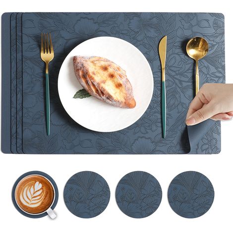 Set de 4 Dessous de Plat et Verre Antidérapants, Isolants Thermiques Sculptés Résistants à la Chaleur, Style Occidental Uni Bleu Foncé-lsw