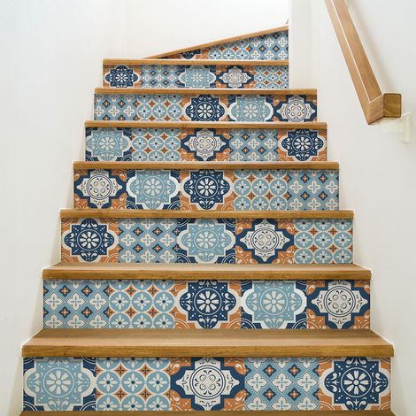 Contremarche adhésive autocollante Cavalese, 19,5 X 100 cm, motif carreaux de ciment ancien orange et bleu, x3. (1/2)