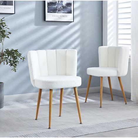 Chaise de salle à manger en tissu Teddy blanc avec pieds tube métal effet bois, ergonomique et confortable,60×54×77cm (1/5)