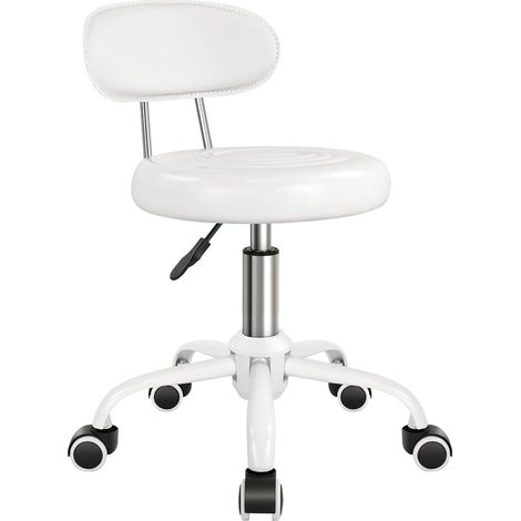 Tabouret à roulettes pivotant avec dossier réglable en hauteur en cuir synthétique Idéal pour spa, salon, maison, bureau, travail de dessin (blanc) (1/5)