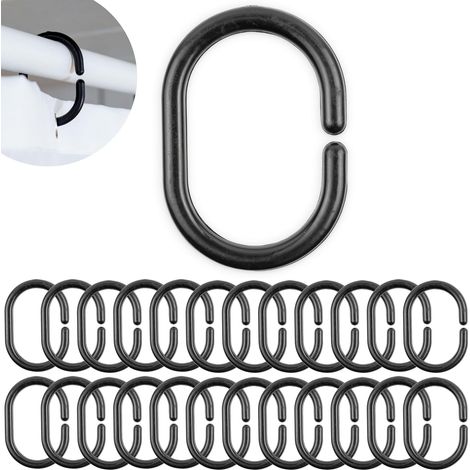 24 Anneaux de douche, Noir, Plastique robuste, 46x29mm, Pour tringles de 2 à 4cm, Salle de bain (1/5)