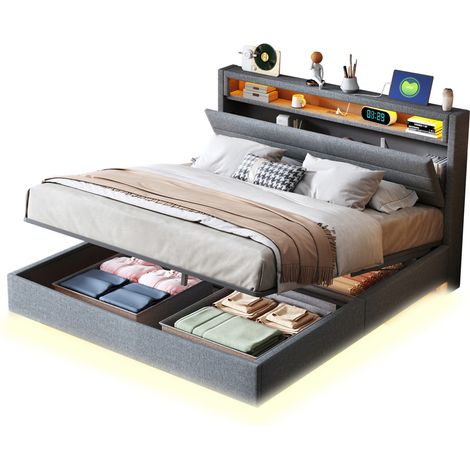 CHICFURN lit double rembourré avec rangement hydraulique tête de lit pivotante prise USB éclairage gris 140 x 200 cm (1/5)