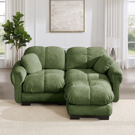 Divano a 2 posti in ciniglia, divano angolare modulare a L, design trapuntato raffinato, stile elegante, cuscini di seduta spessi, morbidi e di supporto, con pouf mobile, facile da montare, adatto per (1/5)