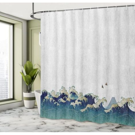 Rideau de douche motif vague japonaise tourbillons aquatiques, tissu décor salle de bain avec crochets, dimensions 180 cm x 180 cm, ensemble complet (1/5)