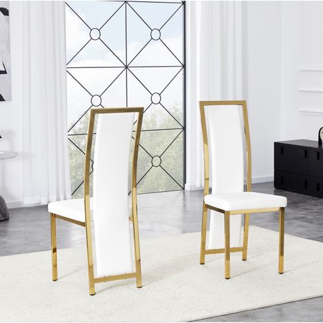 MODFU – Set de 2 sillas de comedor 109 cm de PU/metal con respaldo alto curvo, espuma de 6 cm, patas de metal dorado y carga 120 kg – Blanco/dorado (1/5)