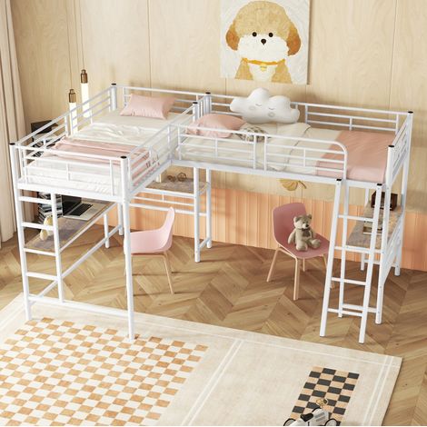 DESVIAE Lit mezzanine enfant 90 x 200 cm avec bureau intégré double échelle garde corps haut structure en métal et MDF blanc (1/5)