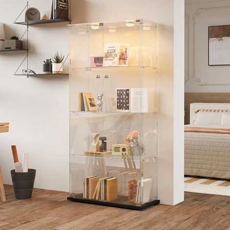 Standvitrine mit LED-Beleuchtung, 4 Etagen, 2 Türen und Schloss, Glasvitrine Schwarz (1/5)