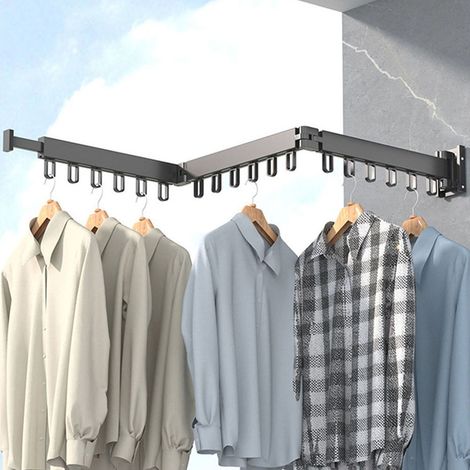 Porte-manteau rétractable avec 18 crochets, support mural 120 cm, Séchage pliable avec porte-serviettes pour balcon, linge, armoire, cuisine, salle de bain, chambre à coucher (1/5)