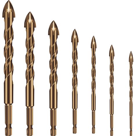 Juego de 7 brocas de carburo para azulejos con vástago hexagonal y puntas de carburo de tungsteno para taladros estándar. (1/5)