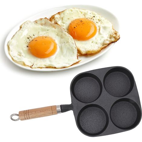 1 Poêle à œufs en fonte,4 moules antiadhésifs,manche en bois,cuisson uniforme,induction gaz électrique