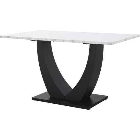 Table à manger 140 x 75.5 cm, (1 pièce), table de cuisine moderne, structure en métal, table à manger rectangulaire au motif marbré moderne avec pieds réglables pour salle à manger et salon, blanc/noi (1/5)