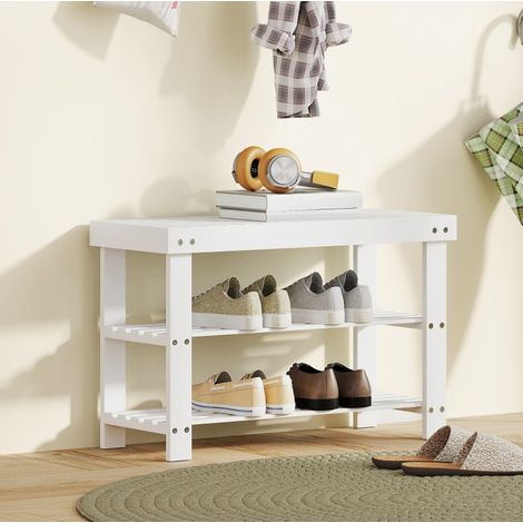Banc à chaussures 70x28x45 cm en bambou blanc, avec rangement gain de place pour entrée FloraGrace (1/5)