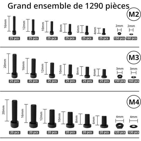 Kit Vis, Écrous et Rondelles Métriques M2 M3 M4 – 1290 Pièces en Acier Allié 12.9 Antirouille, Boîte Organisée avec Séparateurs et Étiquettes (1/3)