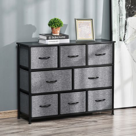 Commode à 8 tiroirs en tissu (2 grands et 6 petits), structure en métal, dispositif anti-basculement, grise