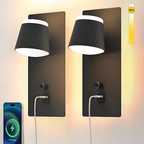 2 Pièces Appliques Murales Avec Interrupteur Et Port Usb Type C, 3000K Dimmable Noire Design Intérieure Lumière Applique Chambre, Lampe Mural Et Liseuse Pour Salon Grenier Appartement Hôtel (1/5)