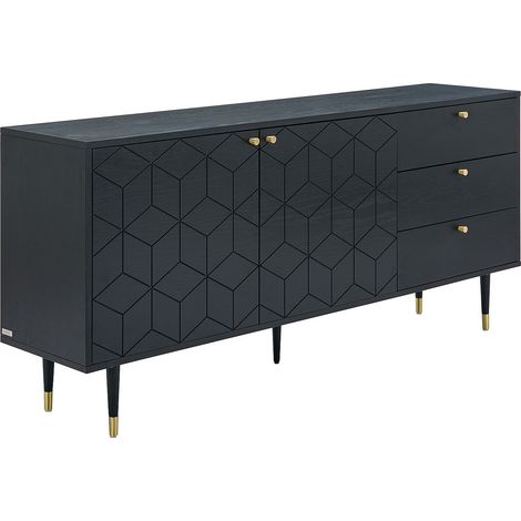 Buffet avec 2 portes et 3 tiroirs placage chêne - Noir et doré - PARIOMA