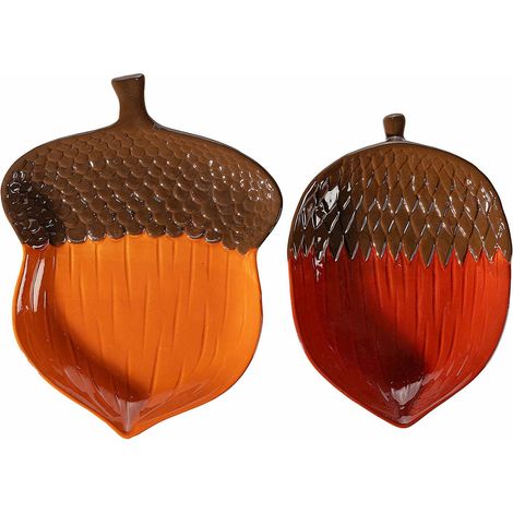 Piatti / vassoio autunnali in ceramica colorata a forma di ghianda con decori in rilievo, set da 4 pezzi, cm 16,5 x 21,5 H