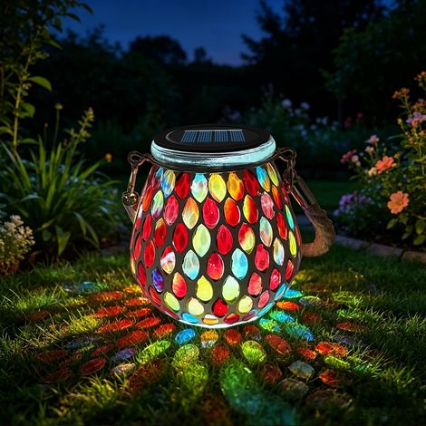 1 lampe solaire ovale en mosaïque pour jardin, extérieur, lanterne solaire à suspendre, étanche IP65, pour table, pelouse, chemin, cour, terrasse, clôture, verre mosaïque rouge (1/5)
