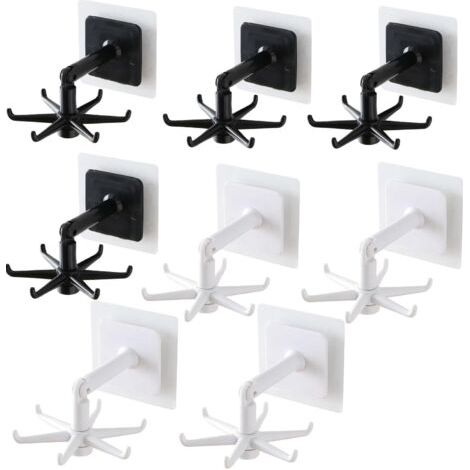 QORVA-Crochets Rotatifs et Pliables à 360°,8 Pièces Support Mural Auto-Adhésif Multi-Usage,Crochet Adhésif Puissant pour Porte Ustensiles,Armoire et Étages
