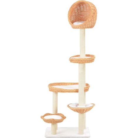 Arbre à chat en bois naturel avec griffoirs en sisal, niches et plateformes peluchées (1/5)