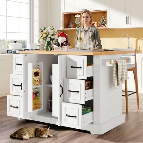 Îlot de cuisine mobile 120×45(75)×91 cm – Meuble roulant avec 2 portes & 6 tiroirs – Blanc ou noir – Chariot de cuisine polyvalent avec plan de travail extensible – Table à manger, Table de bar, Placa