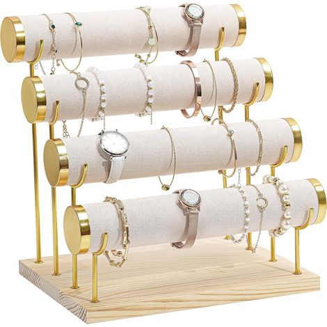 Support de bracelet à 4 étages en forme de T, amovible, en velours, avec base en bois, pour bracelets, pinces à cheveux, montres - Beige