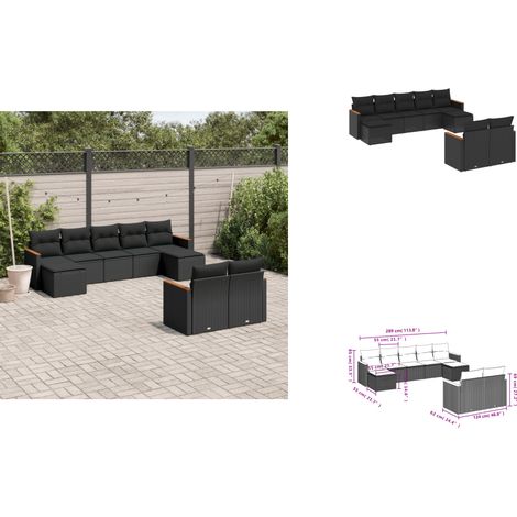 9-tlg. Garten-Sofagarnitur mit Kissen Schwarz Poly Rattan - Gartensofas - Outdoor Möbel - Gartenmöbelset - Rattan Gartenmöbel - Lounge Set