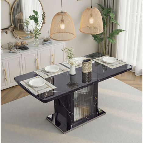 Mesa de comedor rectangular de MDF negro 120-160 cm extensible con mueble de almacenaje (1/5)