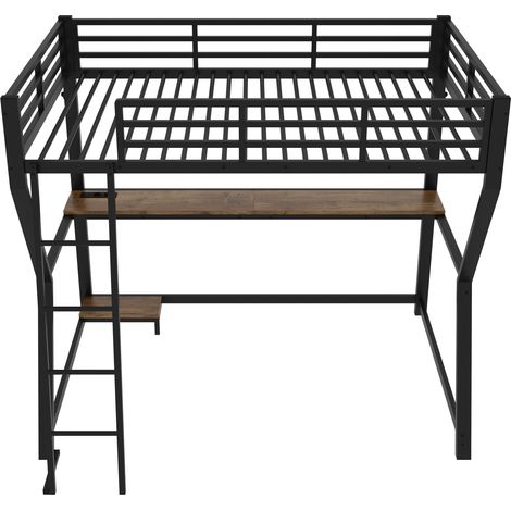 Cama alta 90 x 200 cm negra con escritorio, estante para ordenador, LED, USB y escalera (1/5)