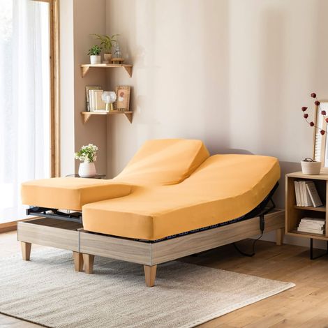 Drap housse jaune moutarde pour lit articulé jersey extensible 2x80x200 (1/4)