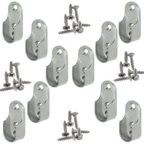 Supporto per asta per mobili ovale OVA, 10 pezzi - Supporto per tubo guardaroba per barra ovale in acciaio nichelato, fissaggio per asta guardaroba in metallo