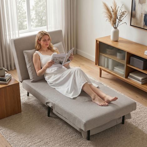 Fauteuil Convertible 1 Place, Lit Clic-Clac 3 en 1 avec Dossier Ajustable, Coussin Inclus, Siège Confortable, Marron Clair (1/5)