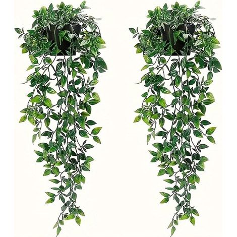 Plante Artificielle - Mandevilla Retombante - Décoration Salle De Bain Salon Balcon - Lot De 2 Avec Pot Noir (1/5)