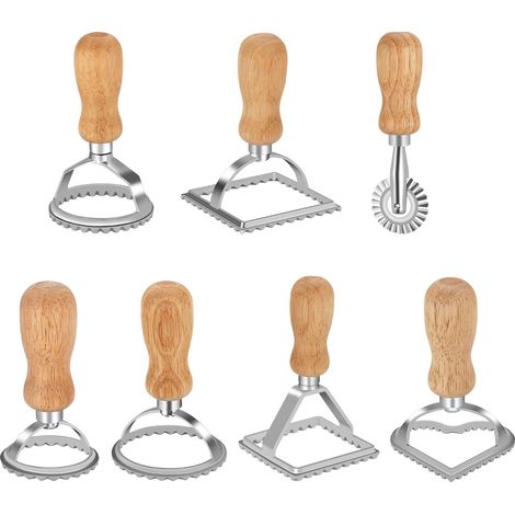 Lot De 7 Coupeurs De Ravioli, Moule A Ravioli Avec Différentes Formes, Avec Roulette, Avec Poignée En Bois Et Bord Cannelé, Pour Les Raviolis, Pâtes, Boulettes, Lasagnes, Pierogi (1/4)