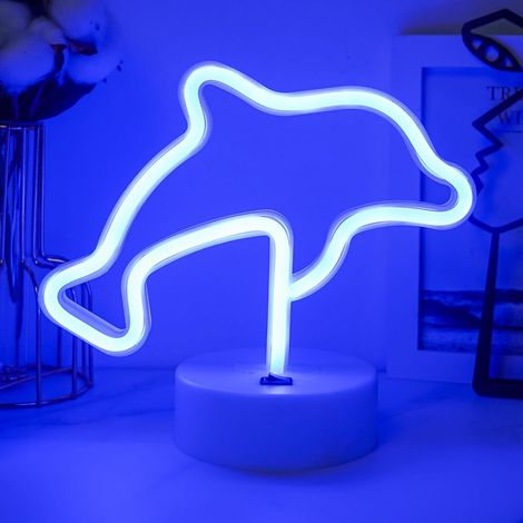 Panneau LED néon, signe lumineux LED en forme de dauphins bleus avec base support, signe néon LED alimenté par USB ou piles pour décorations de fête en salle, mariage, anniversaire, festival (1/5)