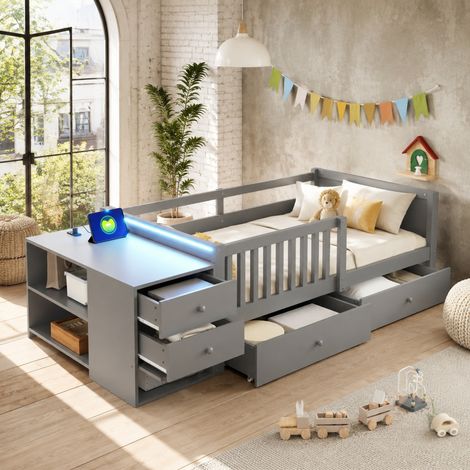 Kinder-Hochbett 90 x 200 cm mit Schreibtisch, Stauraum, LED, Steckdose, Grau HAVRYA (1/5)