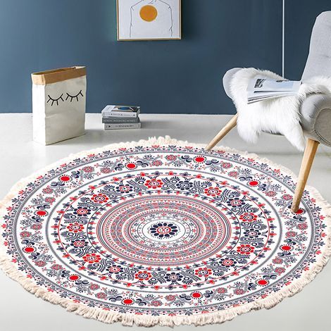 GENERIC-Tapis Salon Tapis rond en coton tissé à la main - Motif mandala - Style bohème vintage - Avec pompons - Lavable en machine - Pour chambre à coucher, couloir, salon, table basse - 90 cm - Fleur (1/2)