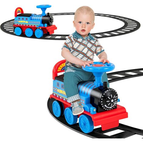 COSTWAY Trenino Elettrico per Bambini, Treno Giocattolo con 16 Pezzi di Binari, con Luci e Suoni, Scatola di Stoccaggio, Regalo per Bambini Anni 3+ (Blu Scuro) (1/5)