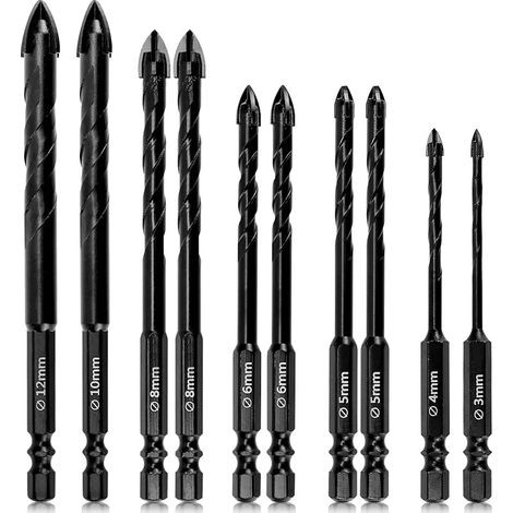 Set mit 10 Fliesenbohrern – 3 mm, 4 mm, 5 mm, 6 mm, 8 mm, 10 mm, 12 mm – Set mit 10 Bohrern für Glas, Stein, Diamant, Fliesen und Glas (1/5)