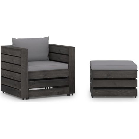 2-tlg. Garten-Lounge-Set mit Kissen Grau Imprägniertes Holz
