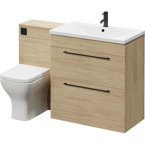 Napoli 460 Light Oak 1300mm 2 Drawer Vanity Unit Toilet Suite with Glide Basin - 1300mm - Matt Black 480mm HandleWith Kingston Toilet Pan and Seat