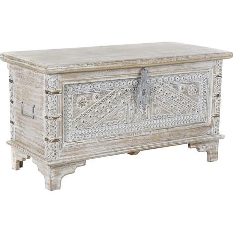 Pegane – Coffre en bois de manguier et laiton blanc vieilli – Dimensions 88 x 40 x 45 cm – Sur pieds pour un style vintage (1/4)
