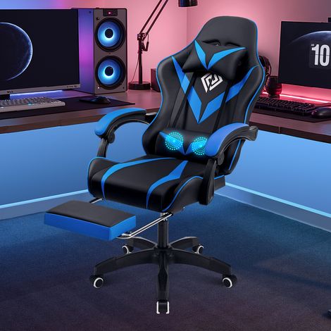 Gaming-Stuhl Bürostuhl mit Fußstütze, Massage Stuhl Höhenverstellbar, bis 90kg, Blau+Schwarz