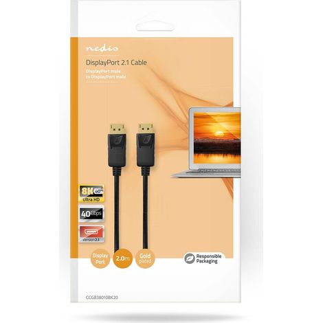 Nedis Displayport-Kabel / DisplayPort Stecker / DisplayPort Stecker / 8K@60Hz / Vergoldet / 2.00 m / Rund / PVC / Schwarz / Box