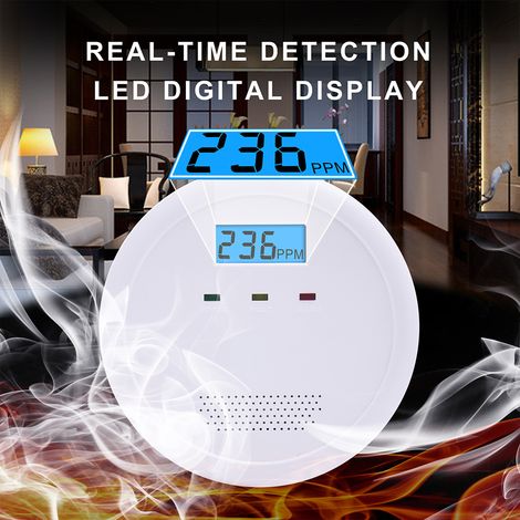 Detector de monóxido de carbono con pantalla LCD, funciona con pilas, tiene alarma sonora y visual, bajo consumo de energía y es ideal para el hogar, la cocina, restaurantes, hoteles u oficinas. (1/2)